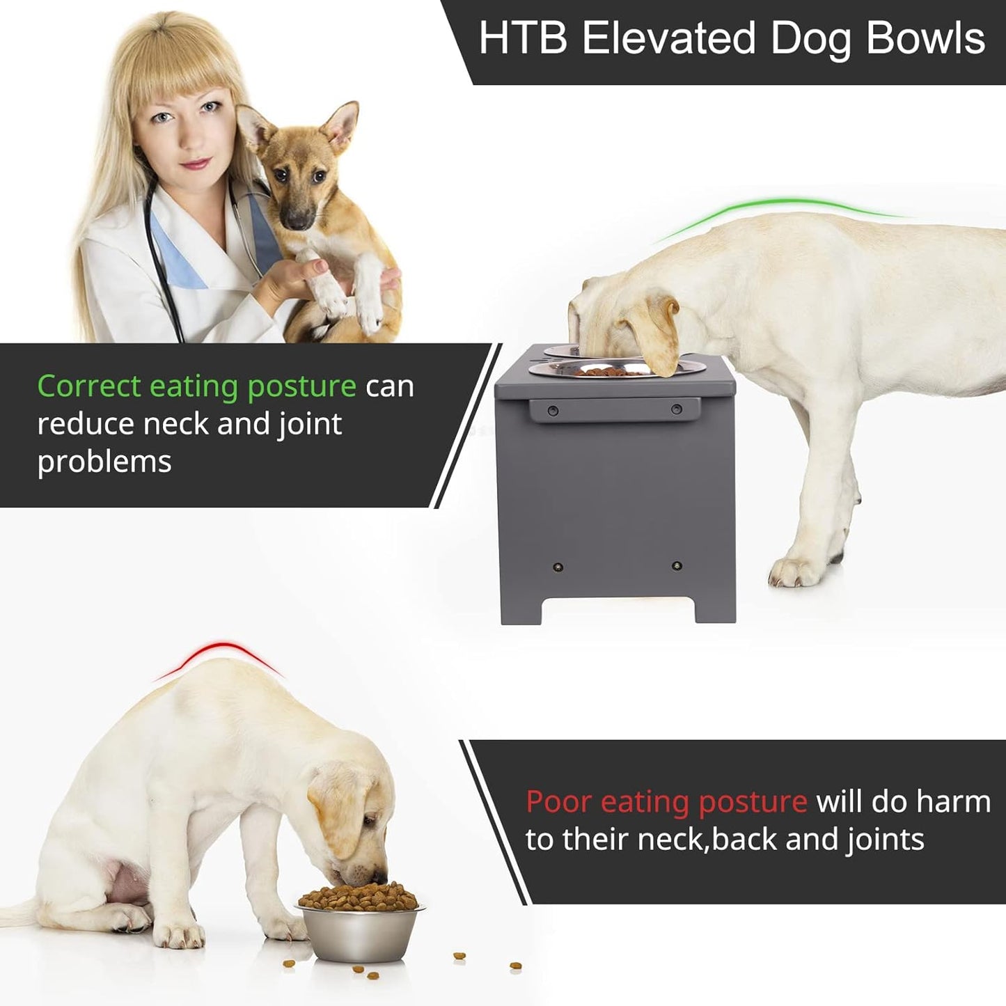 HTB Elevated Dog Bowls,Raised Dog Bowl Stand with 2 Stainless Steel Bowls,Elevated Raised Pet Bowls for Large Medium Small Sized Dogs