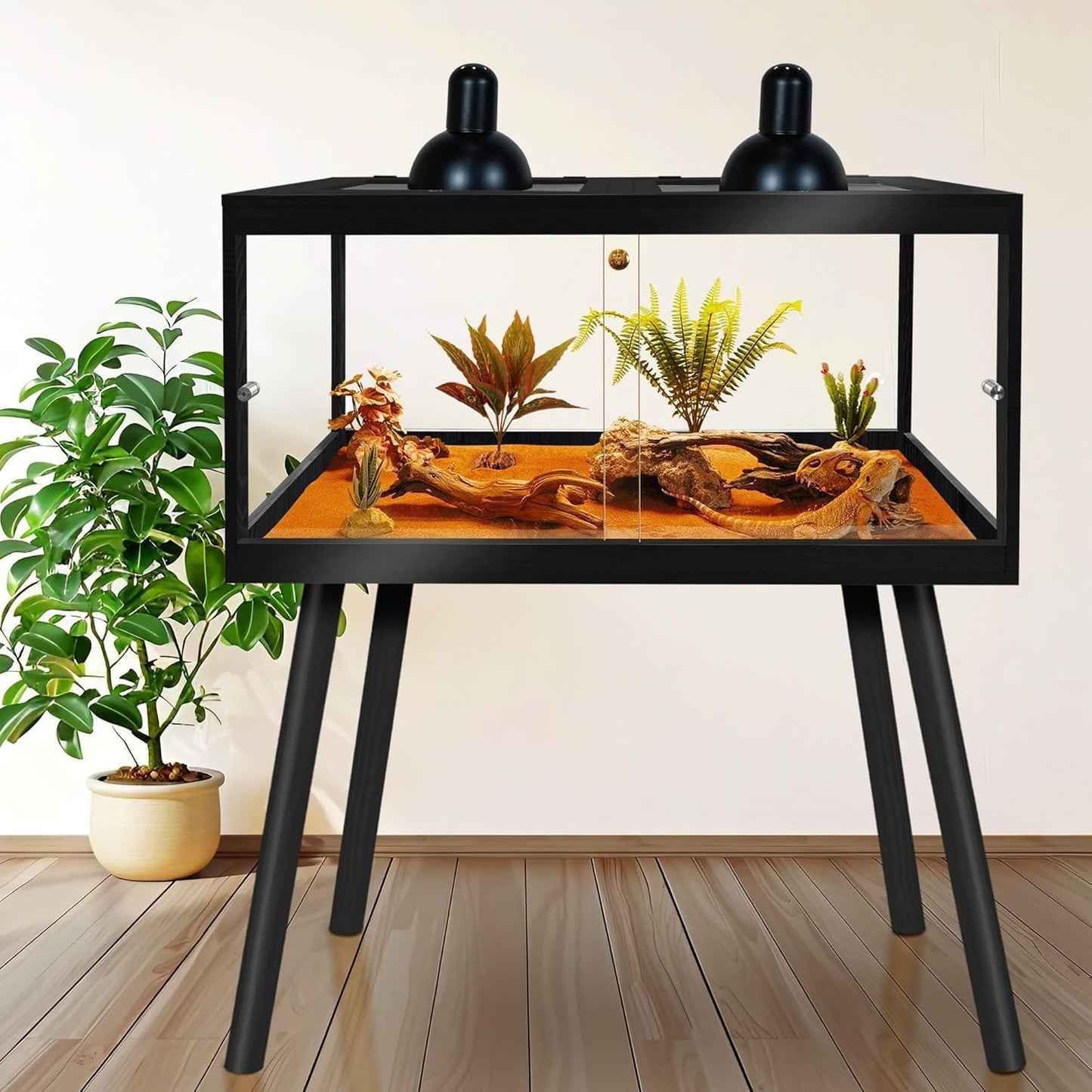 Prolee Bearded Dragon Tank with Leg Stand,Wooden Lizard Tank,Reptile Tank with Metal Mesh Roof Door, Acrylic Panel Snake Tank with Lock Design (Black, 48"x20"x20")