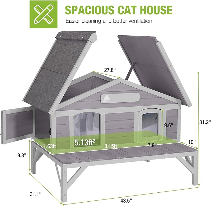 GUTINNEEN Outdoor Cat House Outside Feral Cat Shelter Weatherproof with Large Porch, Escape Door and Name Plate 43.5" L