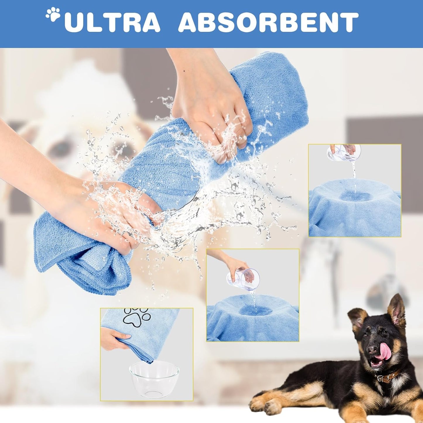 Chumia 4 Pack Dog Towels for Drying Large Microfiber Grooming Tools Absorbent Soft Bath Supplies with Embroidered Paw for Small Medium Pet Products (30 x 50 Inch,Light Blue)