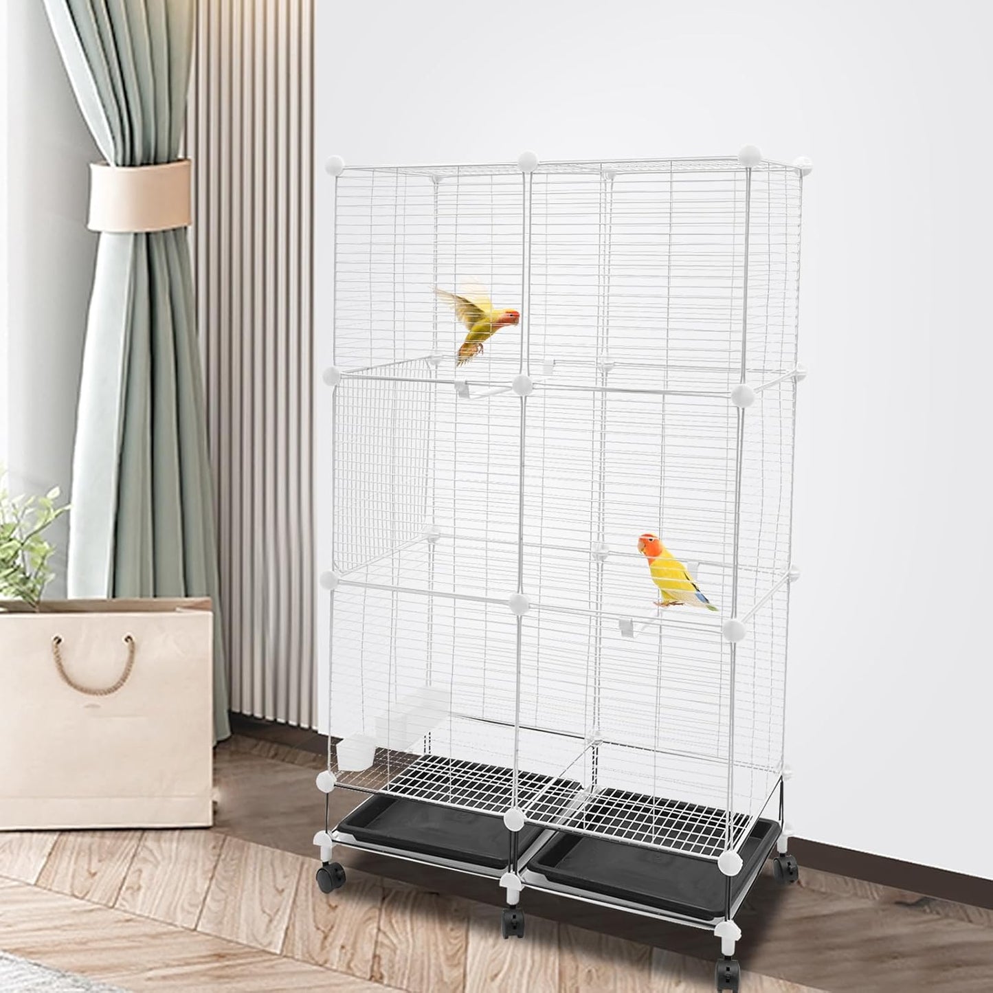 49"H Wrought Iron Bird Cage Large Parrot Cage, 3-Tier Movable BirdCage Parakeet Cage w/Wheels, 360° View Spacious Interactive Bird House Pet Bird Flight Cage for Medium&Small Birds(Iron Mesh)