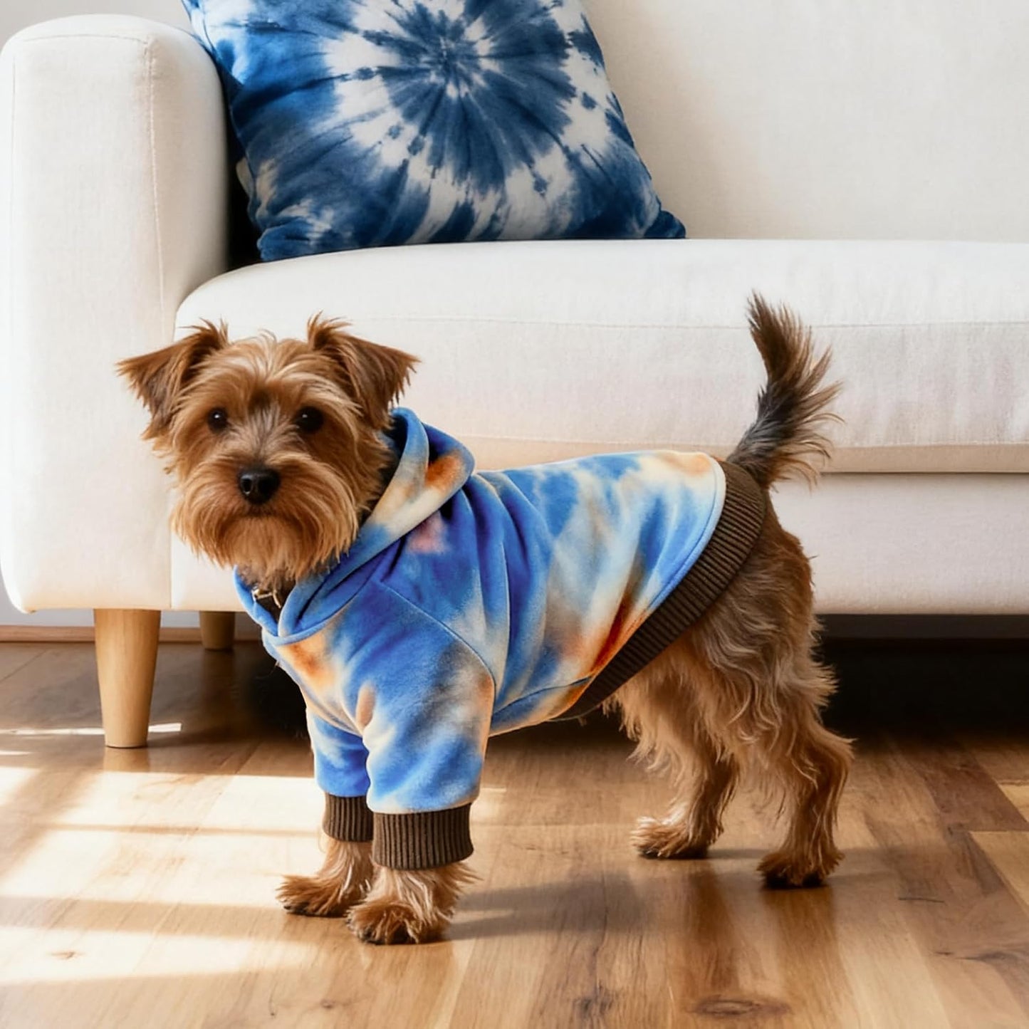 WOYYHO Tie Dye Dog Hoodie & Sweatshirt - Premium Velvet Soft Lightweight Pullover for Small Medium Dogs, Cozy Puppy Sweater for Puppy Dachshund French Bulldog, Multi Blue Browm XL