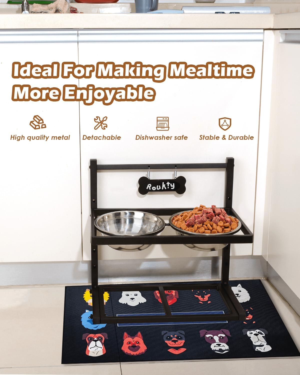 Elevated Dog Bowls with Slow Feeder & Mat, Adjusable Height Raised Dog Bowl Stand with 2 Stainless Steel 1200ML Bowl