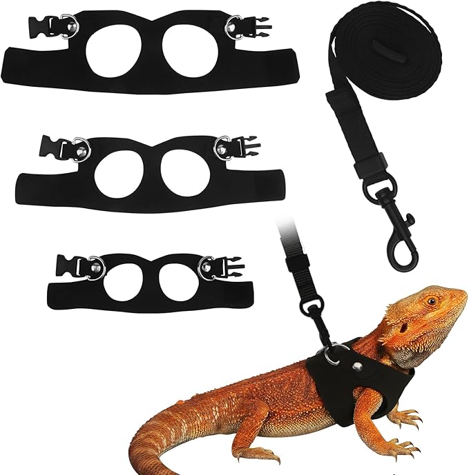 3Size Black Bearded Dragon Leash and Harness Set, Adjustable Bearded Dragon Harness with Lizard Traction Rope for Reptile, Lizard Leash/Squirrel Harness/Small Rabbit Traction Rope (S, M, L)