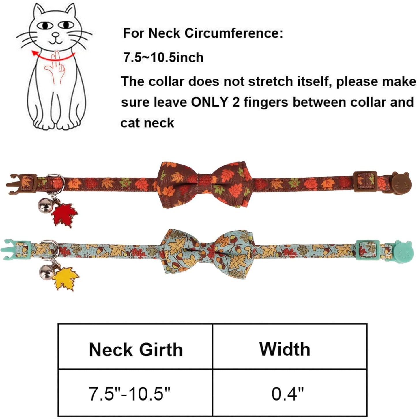 ADOGGYGO 2 Pack Fall Cat Collar with Removable Bow Bell, Brown Green, Halloween Thanksgiving Fall Collars for Cat Kitten