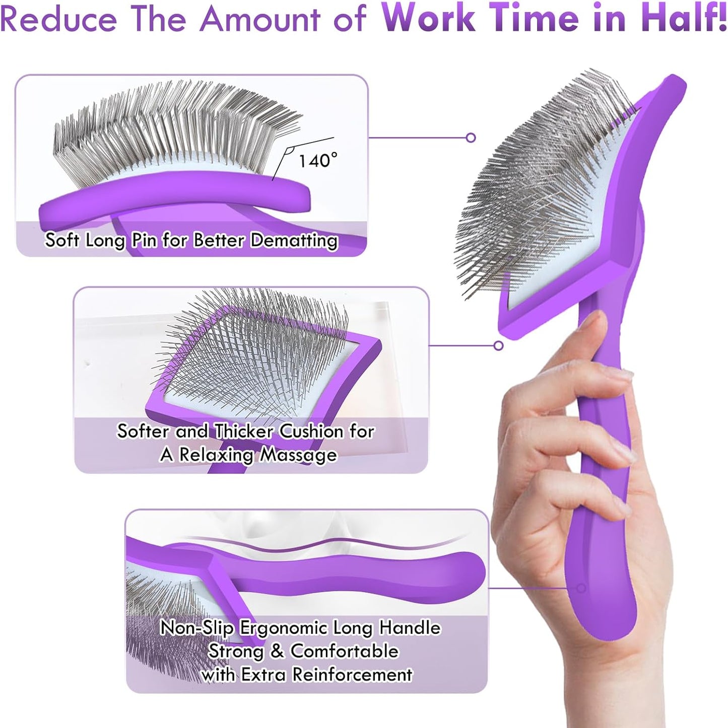 Long Pin Dog Slicker Brush for Long Haired Dogs, Removes Loose Hair, Tangles and Knots, Professional Pet Grooming Kit, Purple