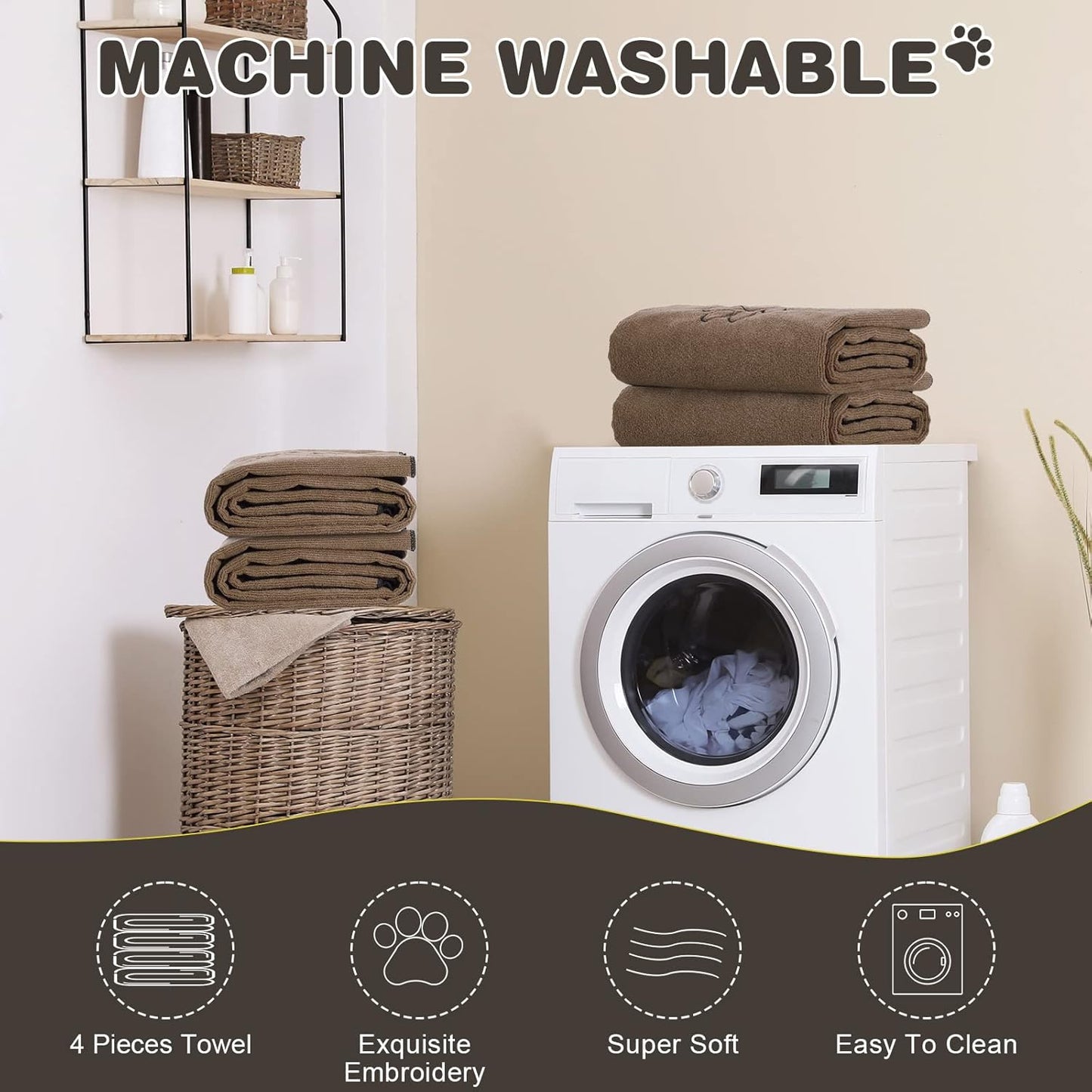 Chumia 4 Pack Dog Towels for Drying Large Microfiber Grooming Tools Absorbent Soft Bath Supplies with Embroidered Paw for Small Medium Pet Products(30 x 50 Inch,Brown)