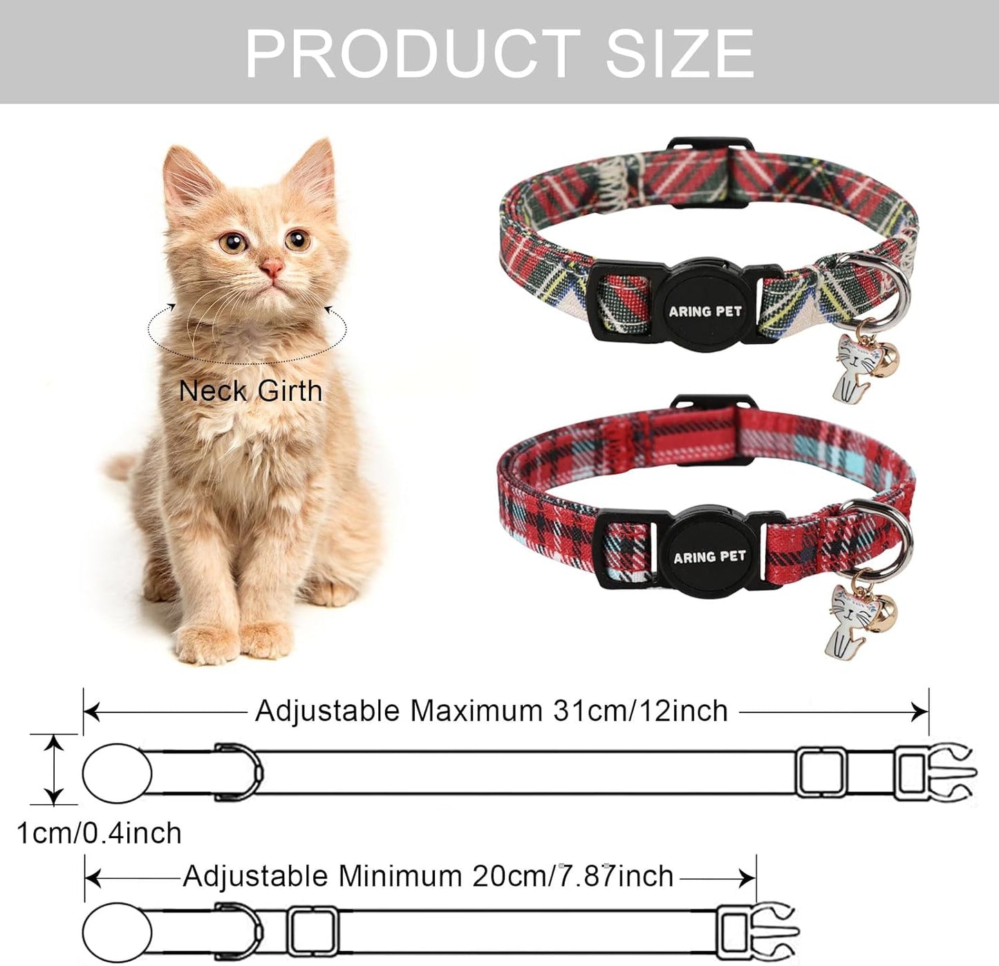 ARING PET 2 Pack Christmas Cat Collars-Cute Cat Collar Breakaway with Bell&Pendant, Cotton Christmas Plaid Kitten Collars with Safety Buckle for Girl and Boy Cats