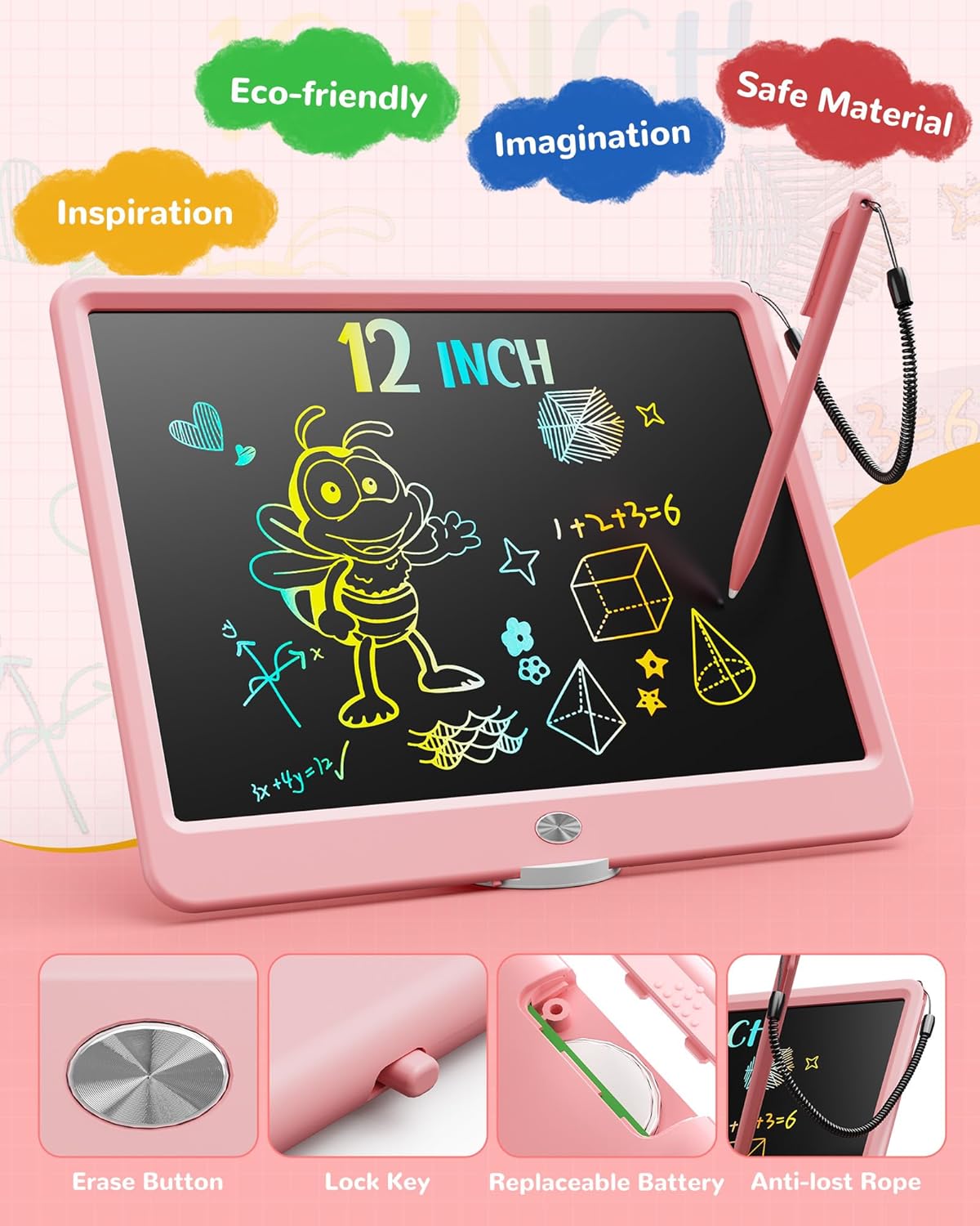 KOKODI LCD Writing Tablet, 12 Inch Colorful Toddler Doodle Board Drawing Tablet, Erasable Reusable Electronic Drawing Pads, Educational and Learning Toy for 3-6 Years Old Boy and Girls(Pink)