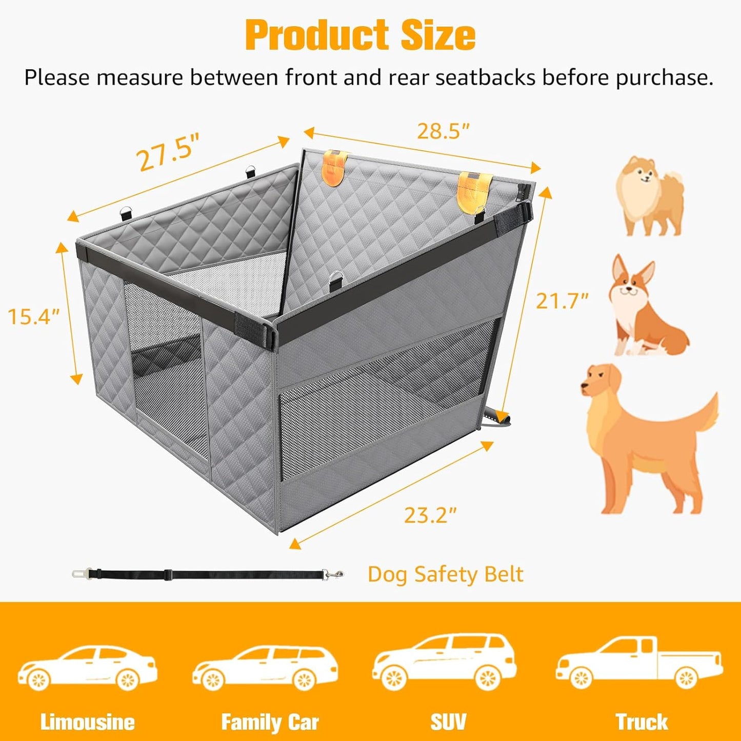PETICON Large Dog Car Seat, Back Seat Extender for Dogs with 3 Mesh Windows, Waterproof Medium Carseat for Dogs with Hard Bottom, Pet Seat Cover for Cars, Trucks and SUVs (Gray)