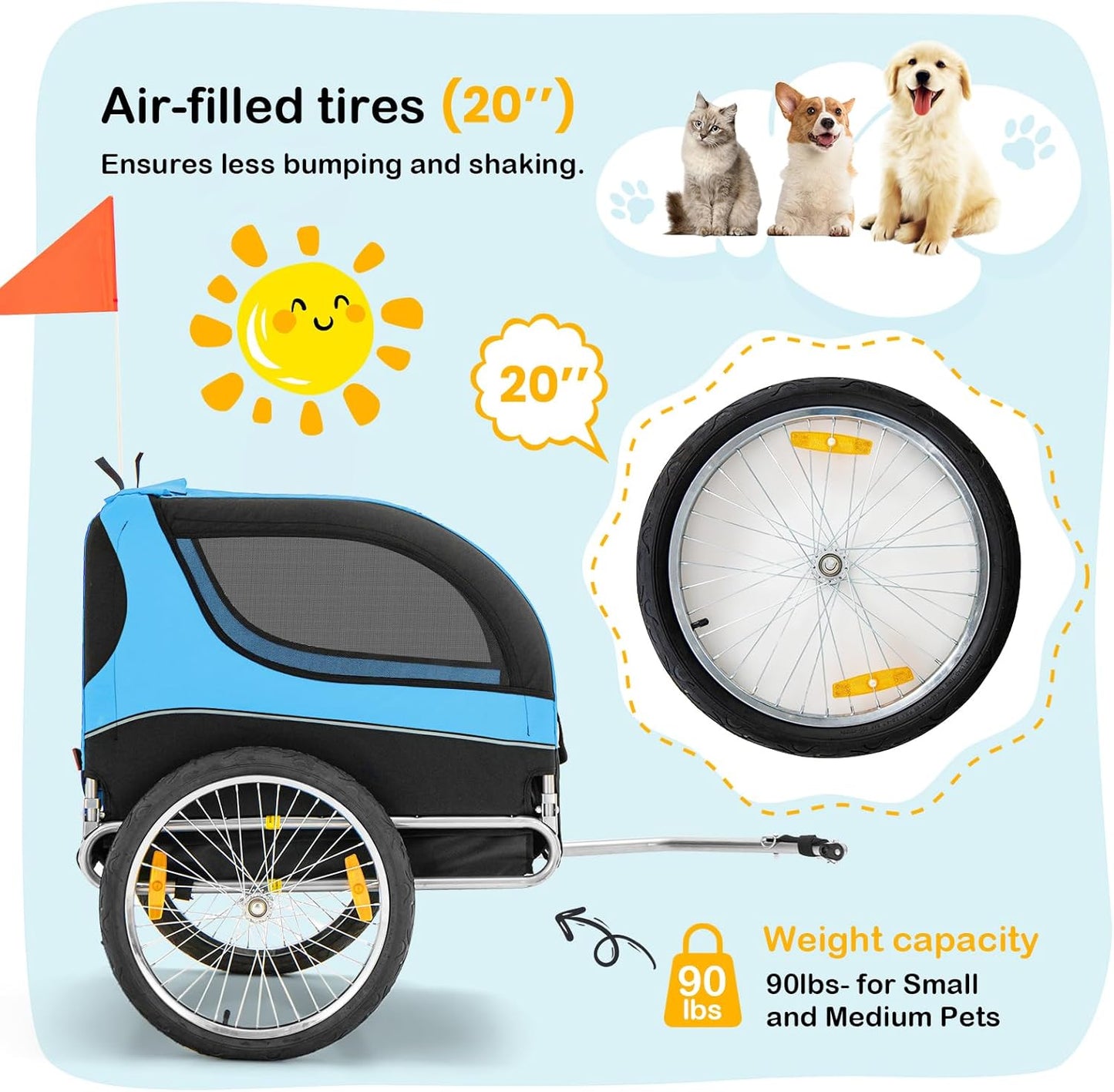 Dog Bike Trailer - HAPPAWS Dog Trailer for Bicycle, Cargo Cycle Trailers Wagon Cart Pet Bike Carrier w/ 3 Doors, Aluminum Wheels, Safety Flag, Easy to Connect&Disconnect, Collapsible to Store