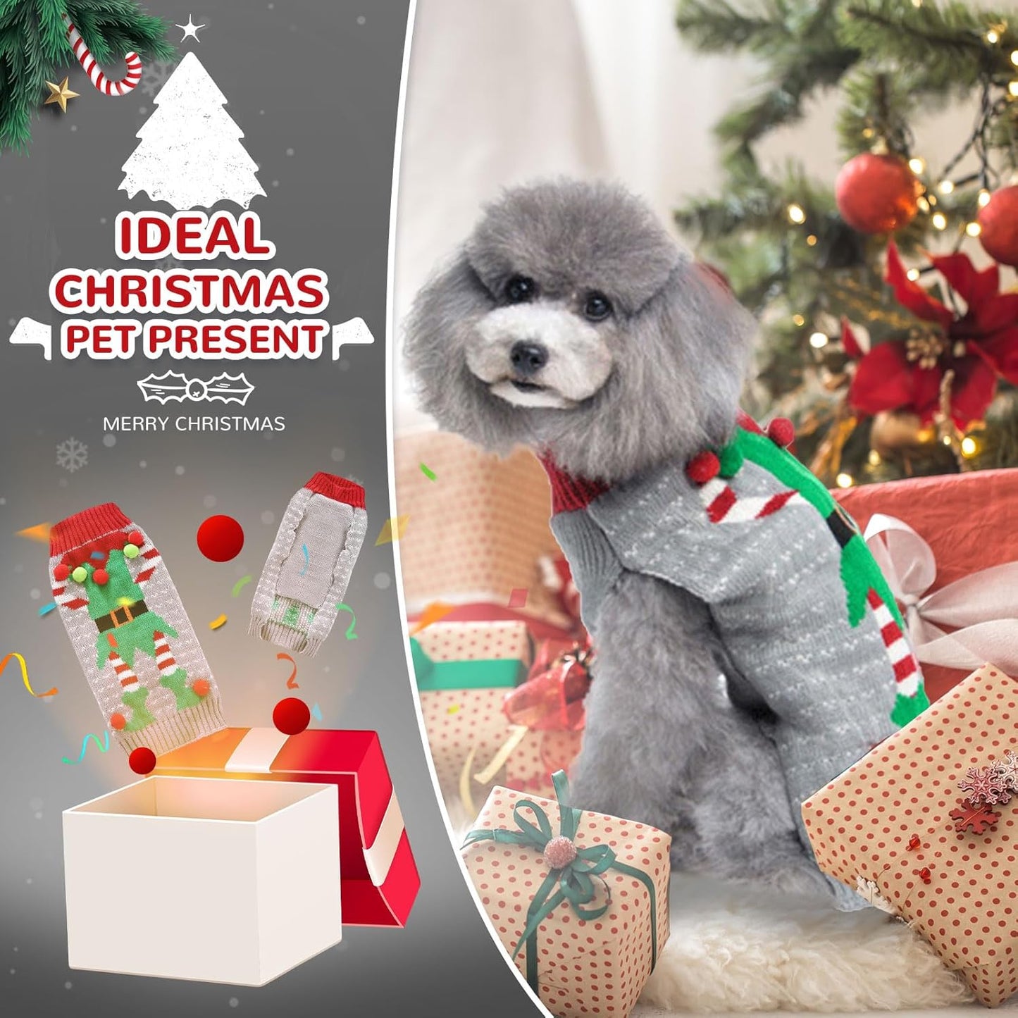 PETCARE Dog Christmas Sweater Ugly Elf Clown Cat Sweater Vest Pet Jumper Grey Green Holiday Dog Clothes Puppy Sweaters for Small Medium Large Dogs Cats Fall Winter Outfits Xmas Dogs Costume,Large