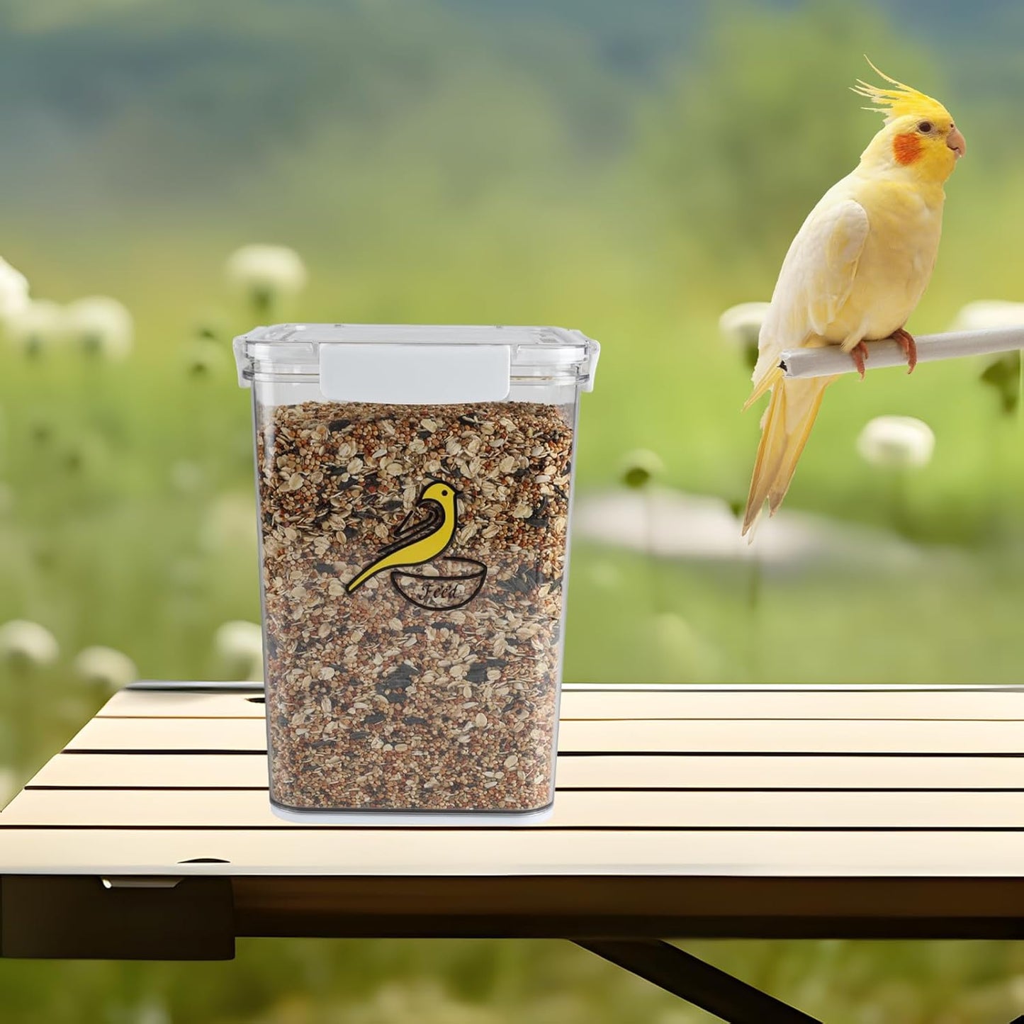 Bird Seed Storage Container-Airtight Bird Food Container-8.4lb/5 l Pet Food Storage Containers with Birds Seed Scoop-Wild Birds Dispenser-forPet Parakeets Finches Food Mealworms/Clear