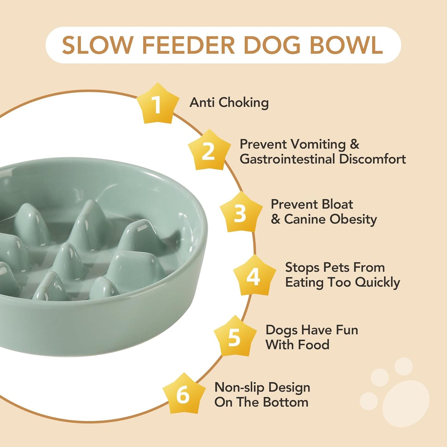 Ceramic 0.9 Cup Dog Bowl Slow Feeder, 6.1inch Slow Pet Food Dish for Small Dog and Cat, Stop Bloat, Preventing Choking(Single Bowl, Light Green)