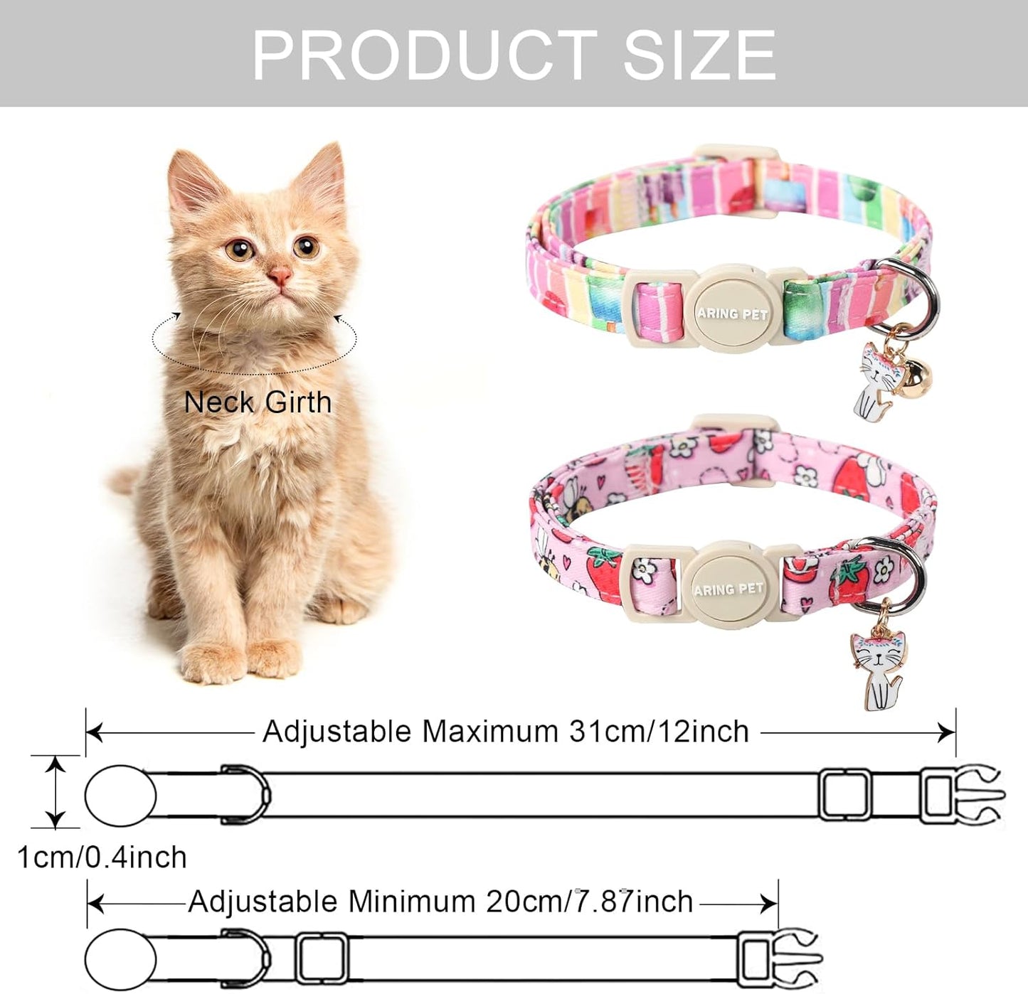 ARING PET 2 Pack Cat Collars-Cute Breakaway Cat Collar with Bell & Pendant, Adjustable Strawberry&Ice Cream Pattern Kitten Collars with Safety Buckle for Girl and Boy Cats