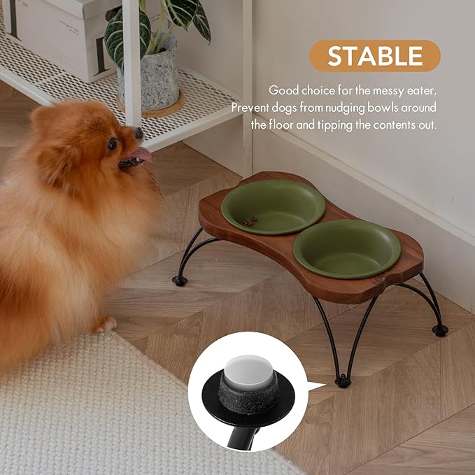 Ceramic 6.3-inch Raised Double-Bowl Set with Non-Slip Stand, Food & Water Dishes for Small and Medium Dogs, Wide Opening with Rounded Edges(Olive Green)