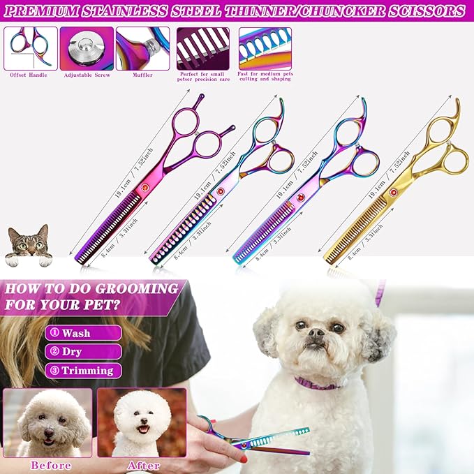 7.5 Inch Thinning Dog Grooming Blending Scissor, Ergonomic Pet Grooming Thinner Blender Shears Cat Trimming Texturizing Kit with Offset Handle (Purple)