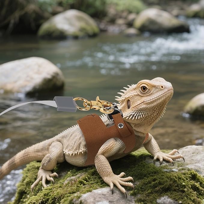 3Pack Bearded Dragon Leash and Harness Set, Bearded Dragon Accessories Clothes Stuff, Adjustable Easy Walk Rat Harness with 6.56 ft, Vest Accessories for Reptile Squirrel Rat Walking (3 Size, Brown)