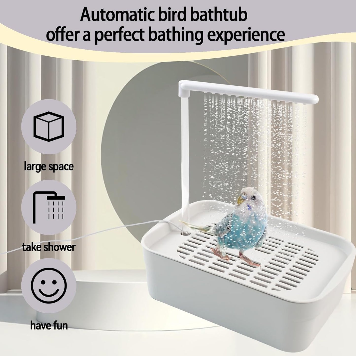 PINVNBY Automatic Bird Bath with Pump,Parrot Bathtub Shower Parakeet Bath Box with Cage USB & Power Plug Water Circulated Controller for Cockatiel Lovebird Conure Budgie(White)
