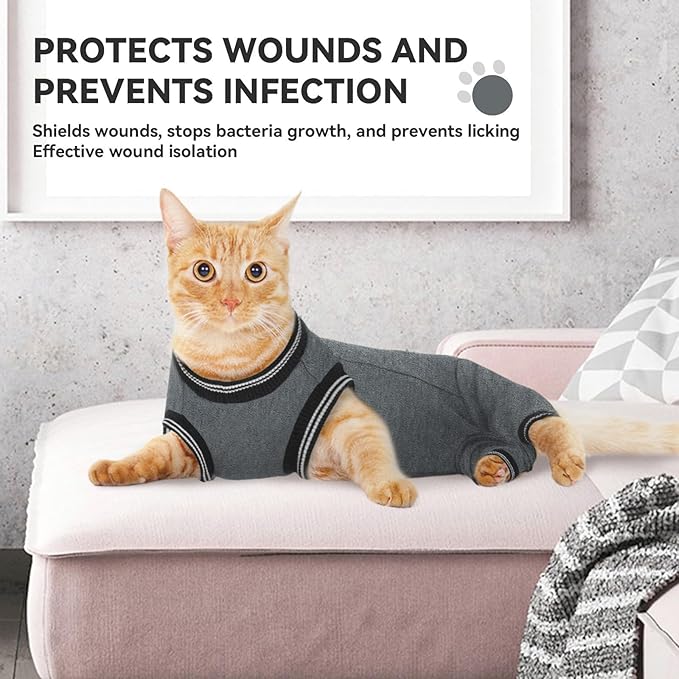 T'CHAQUE Cat Clothes Surgery Recovery Suit for Female Male, Cat Onesie Pet Surgical Pajamas Hind Legs Long Sleeve, Abdominal Wound Skin Diseases, E-Collar Alternative, Spay Recovery Suit, Gray-XL