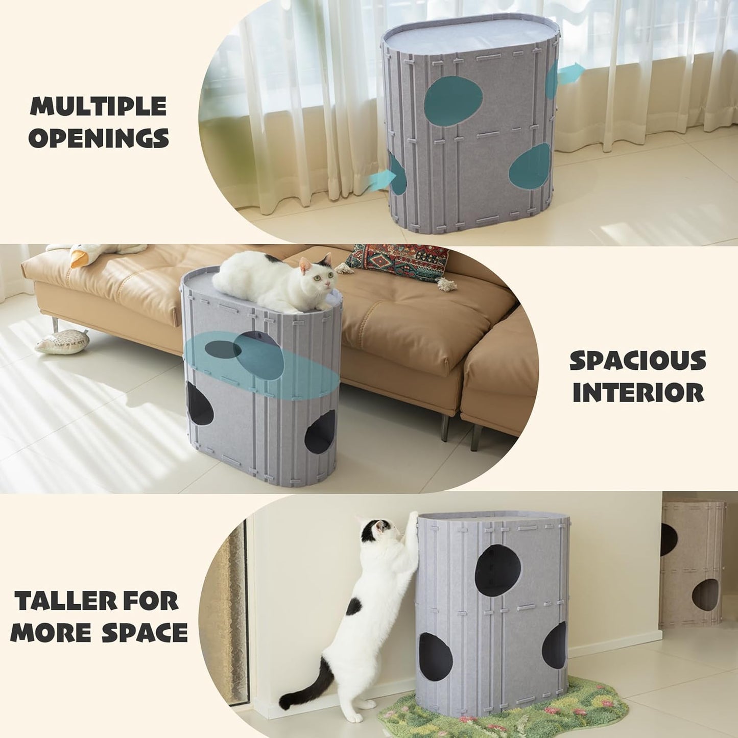 PETKARAY 2-Story Felt Cat House, Large Bed Cave for Indoor Cats, Felt Tunnel Hideaway Condo for Multi-Cat Households, 23.6x22x12 inches, Grey