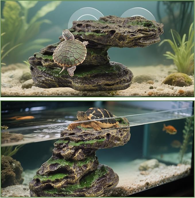 PINVNBY Turtle Basking Platform with 2 Pcs Suction Cups,Resin Floating Dock for Turtles,Tortoise Climbing Ramp Shale - Ideal for Aquatic Turtles,Stable & Durable,Easy to Install(Green Brown)