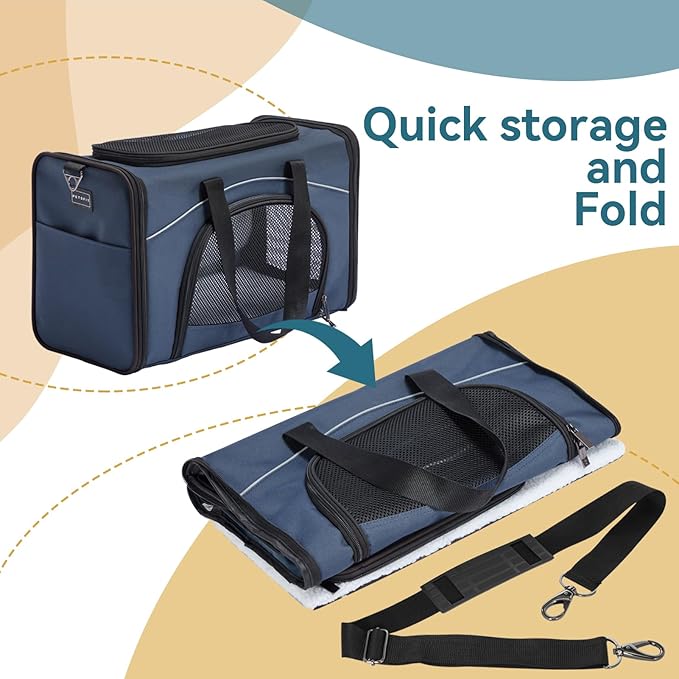 Petsfit Airline Approved Pet Carrier for Small Cats, 15x8x10 TSA Approved Carrier, with Removable Dual-Sided Padding (2-Way Placement) - Fits Under Most Airplane Seats, Escape Proof (Navy)