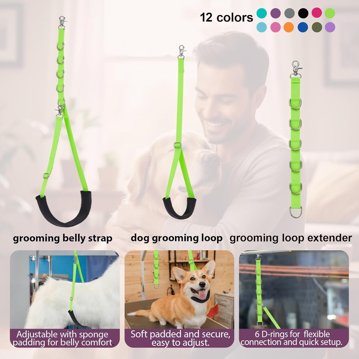 Dog Grooming Belly Straps Green Pet Grooming Supplies 3 Sets Professional Dogs Belly Band Pets Dogs Groomer Extension Strap Table Arm Loop Extender for Small Medium Large Breed (Green)