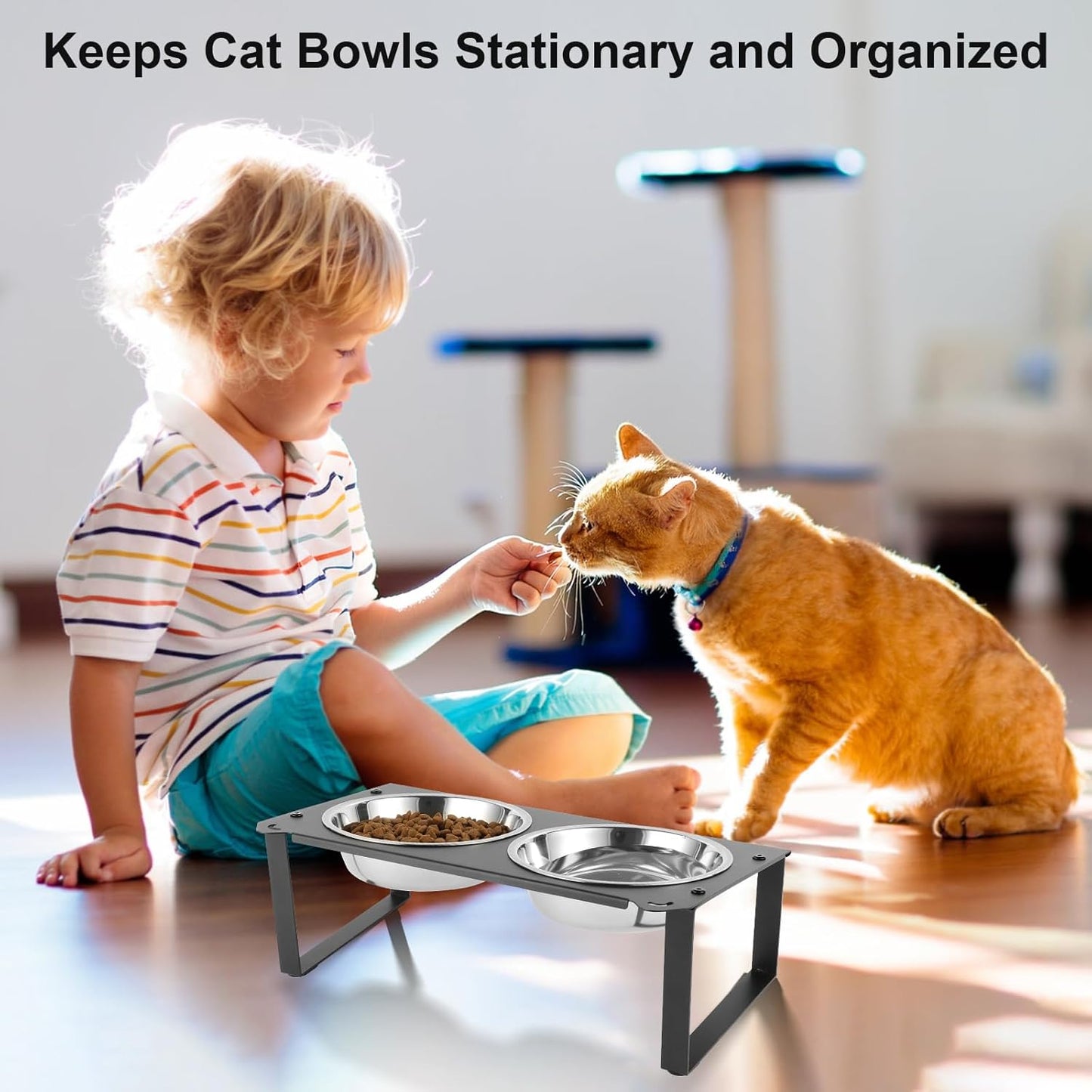 2 Set Elevated Cat Food Water Bowls, 4 Stainless Steel Bowls for Indoor Pet with Cute Metal Stand, 10° Tilted Anti-Vomiting Wide Shallow Raised Cat Dishes Whisker Friendly for Multiple Kitten,Puppy