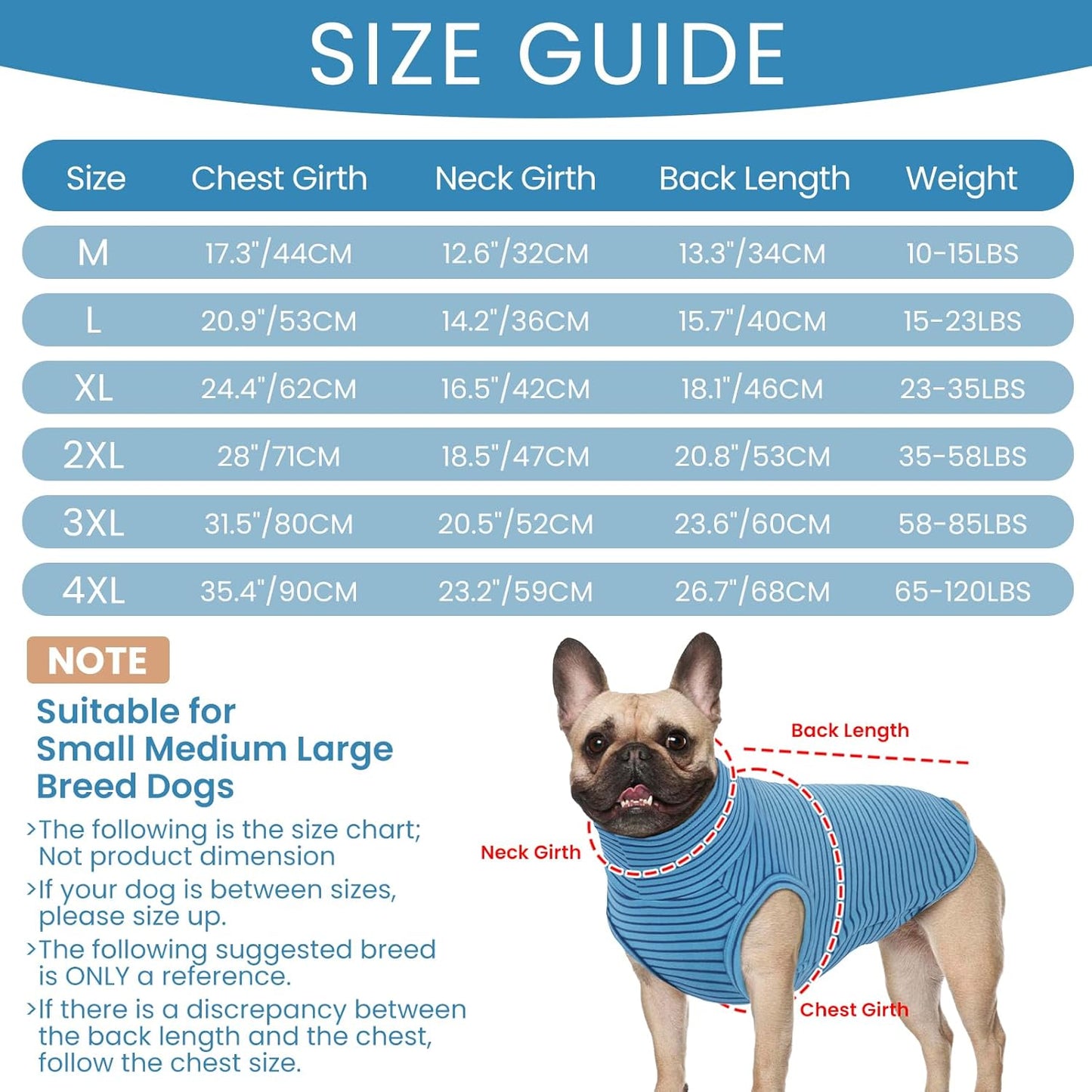 ROZKITCH Fleece Dog Pjs for Medium Dogs Boy, Cozy Stretchy Turtleneck Jumper for Winter Spring Autumn, Machine Washable Pet Clothes for Indoor & Outdoor BlueStripe L