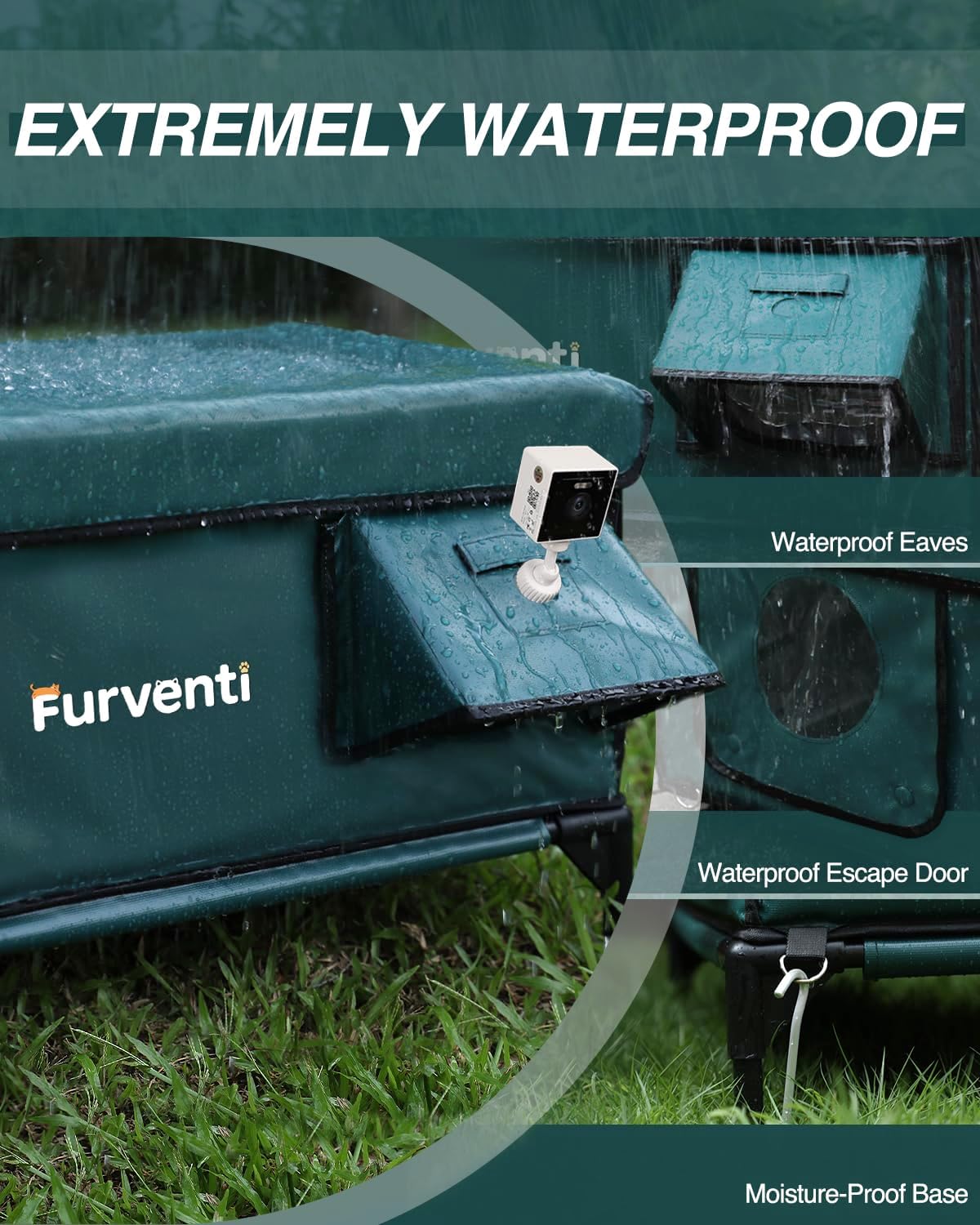 Heated Cat House for Outside,Dual Camera Mounts,100% Weatherproof & Extremely Insulated,Elevated Feral Cat Shelter with Escape Door,Waterproof Eaves for Outdoor Stray Barn Cat(Dark Green, L with Cam)