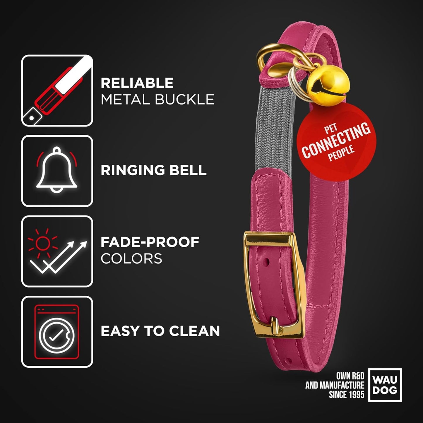 WAUDOG Ultra Soft Rolled Leather Cat Collar with Removable Bell, Safety Elastic Strap and QR ID Tag - Soft Padded for Small, Medium, and Large Cats - Round Kitten Collar for Male and Female Cats