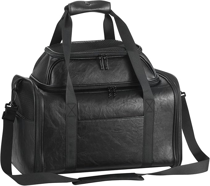 Premium Leather Top Expandable Pet Carrier for Small Dogs & Cats Under 15 lbs, Airline Approved Collapsible Soft-Sided Luxury Travel Bag Black