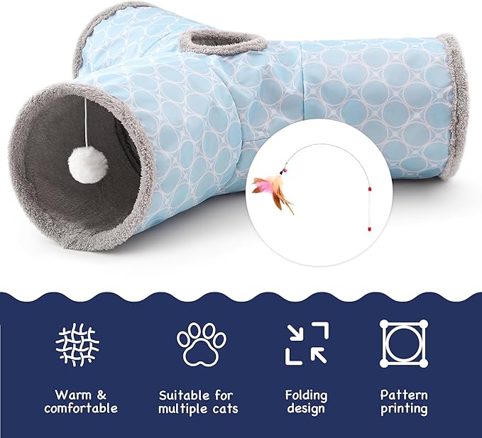 Tempcore Pet Cat Tunnel Tube Toys 3 Way Collapsible, Cat Tunnels for Indoor Cats Fleece-Lined in for Warmth,Kitty Tunnel Bored Cat Pet Toys Peek Hole Toy Ball Cat, Puppy, Kitten, Geometry Blue