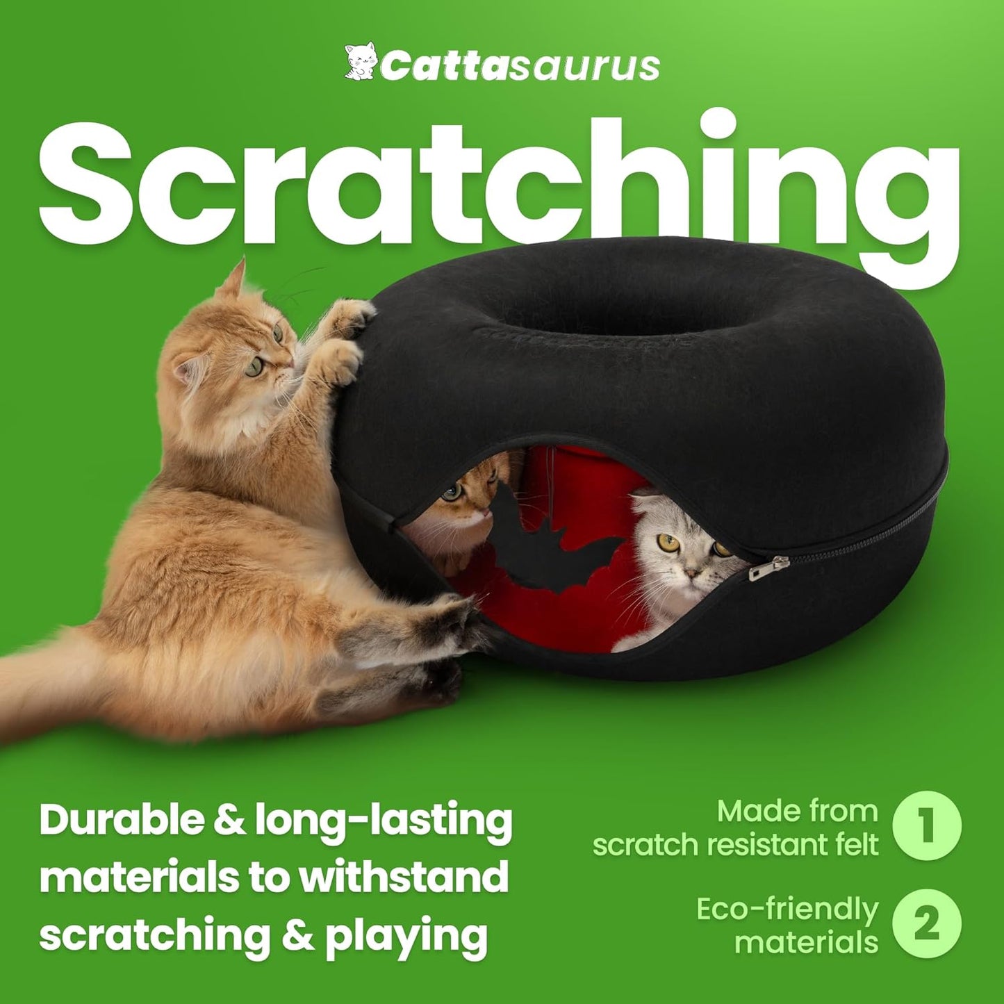 Cattasaurus Unique Gothic Peekaboo Cat Cave for Multiple & Large Cats Up to 30-45 Lbs, Scratch Detachable & Washable Tunnel Bed, Comfy Donut Cat Cave (Gothic Bat, Large)