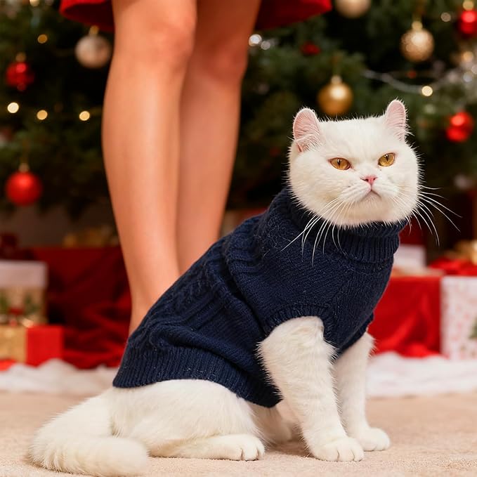 BINGPET Cat Sweater,Thermal Knitted Kitten Clothes Winter Coat,Classic Knit Turtleneck Cat Sweaters for Cats Only,Warm Pet Clothes for Kittens & Small Dogs Puppy Boy Girl Indoor Outdoor(Navy Blue,S)