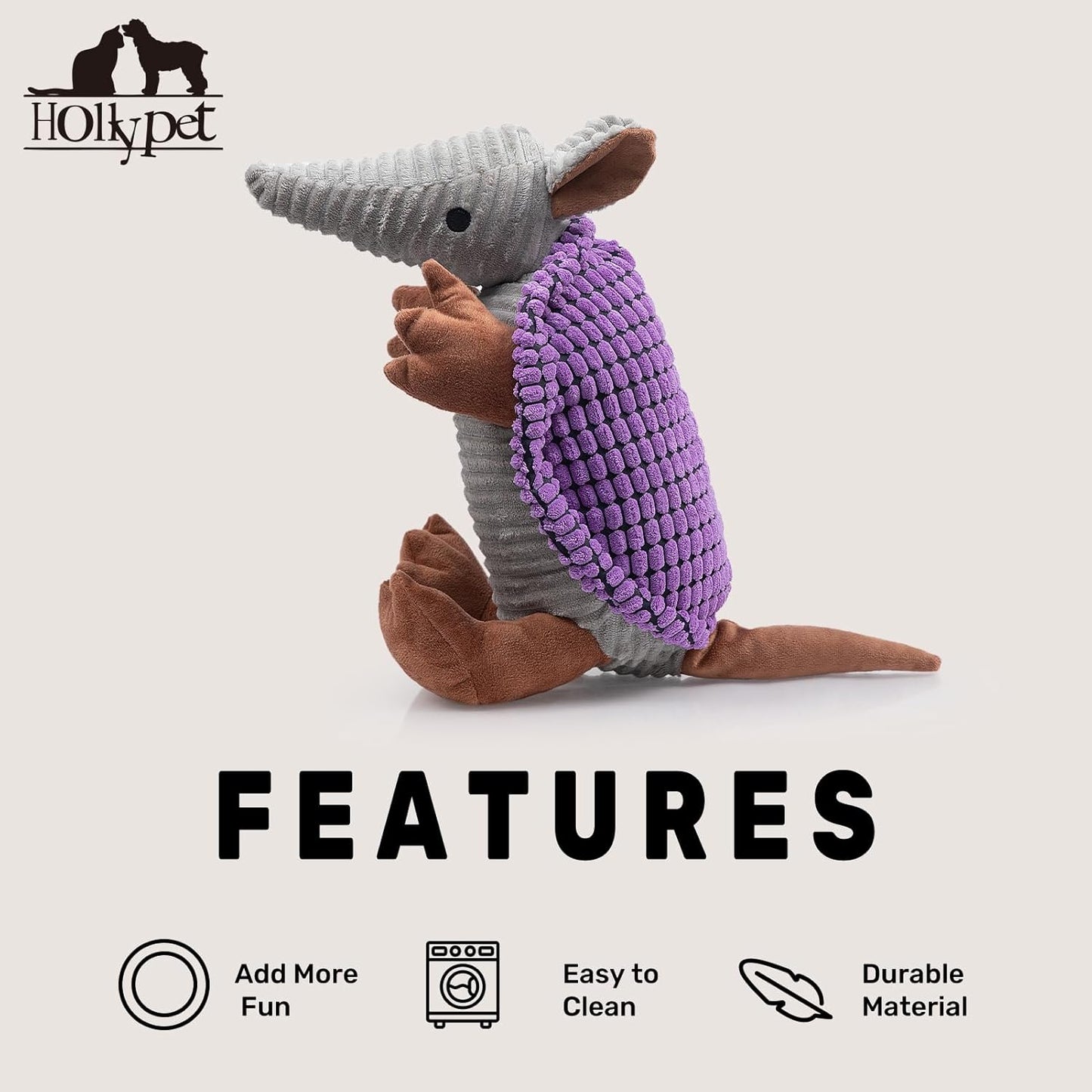 Hollypet Plush Dog Squeaky Toy Stuffed Armadillo Animal Pet Puppy Chew Toys with Clean Teeth for Small Medium Large All Breed Sizes Dogs, Purple, 14 in