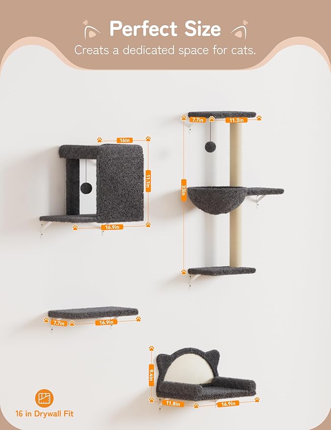 Cat Wall Shelves 5-in-1 Modern Climbing Wall Furniture Set for Cats with Scratching Posts, Cat Bed & Sofa, Space-Saving Perch for 16" Drywall, Gray