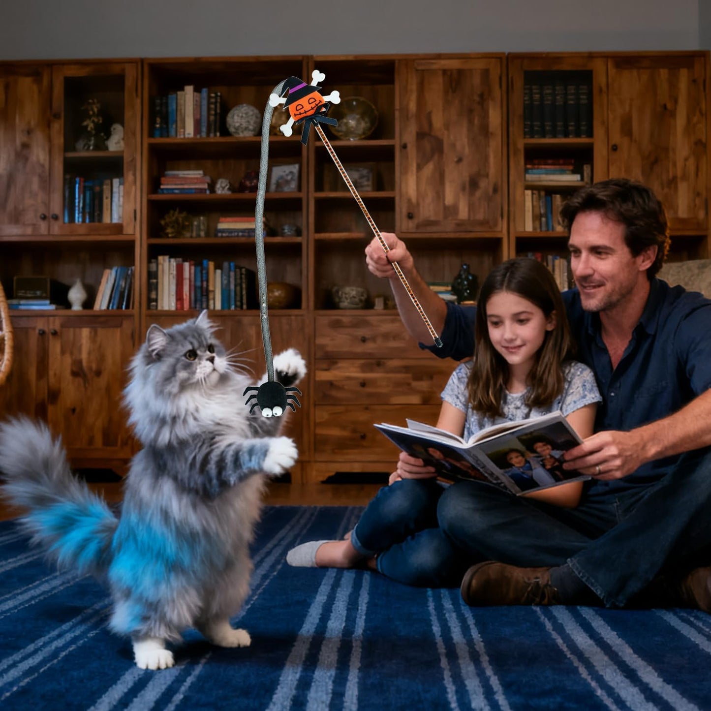 Halloween Cat Teaser Wand, 2 Pack Interactive Cat Wands Toys with Pumpkin Witch Spider and Trident Skull Tassels, Fun Exerciser for Kittens and Cats