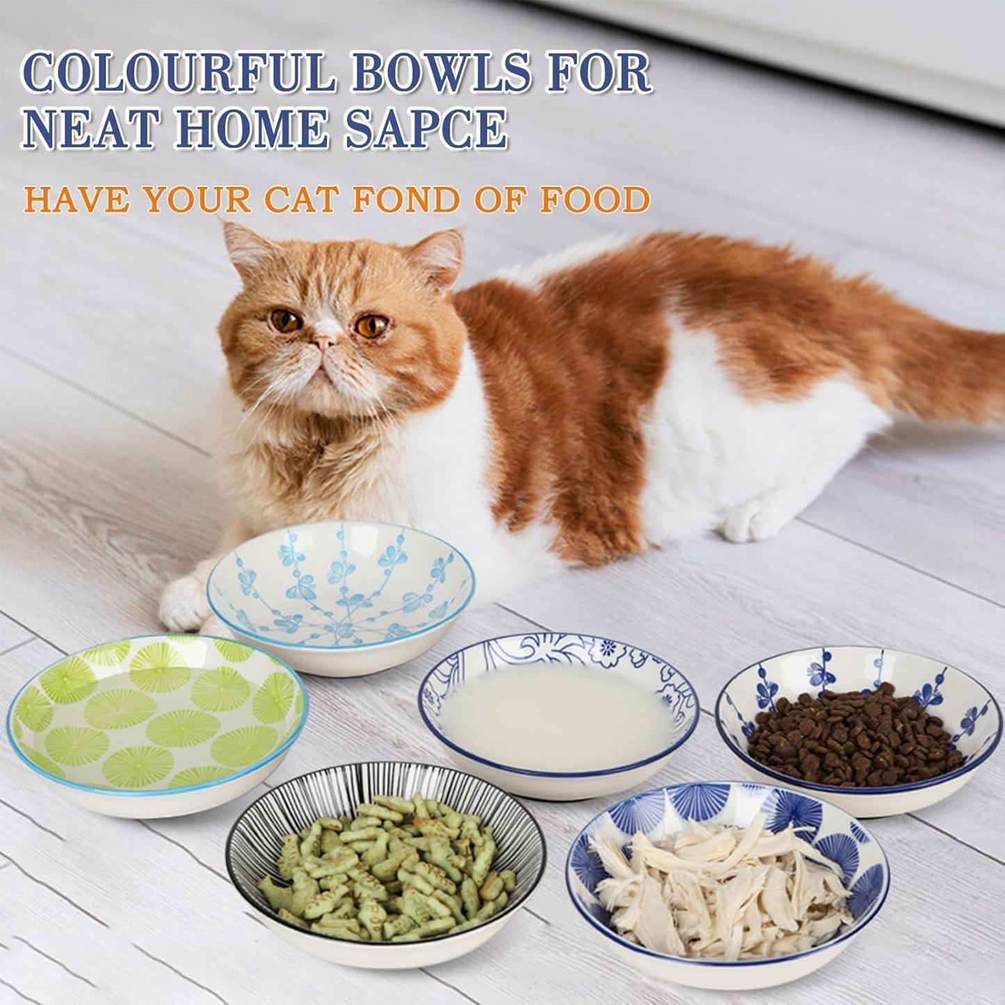 Ceramic Cat Bowls with Non-Slip Silicone Bottom,Prevent Whisker Fatigue,Reduce Mess,Wide Cat Bowls for Indoor Cats,6 Colorful Set for Daily Feeding Gift Choice