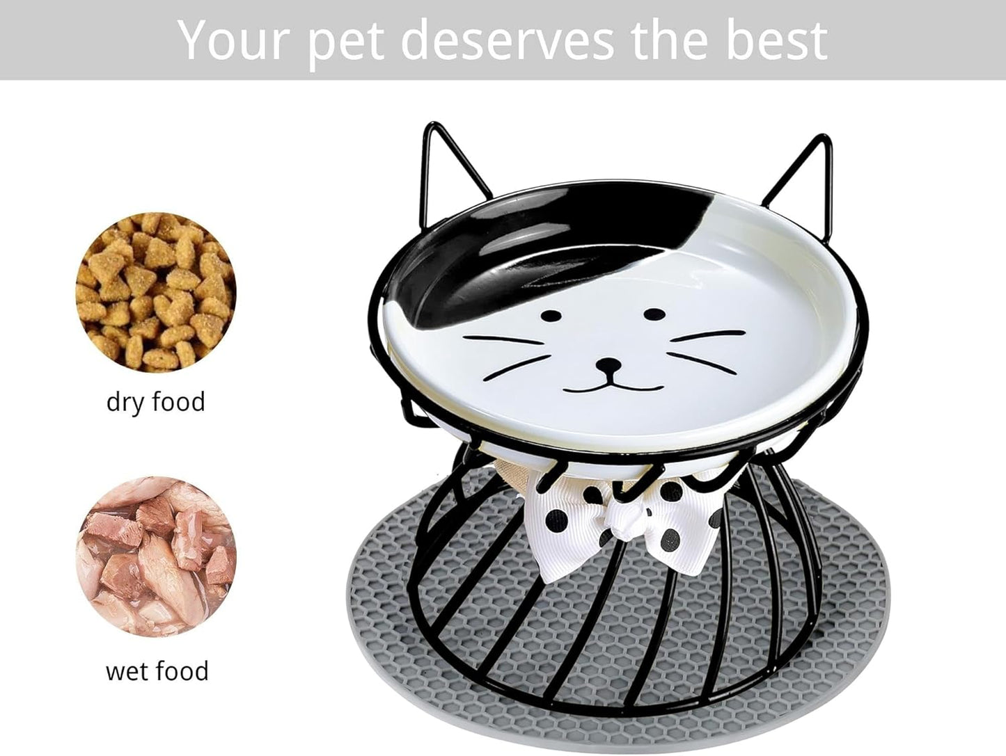 Elevated Cat Food Dish, Ceramic, Non-Slip Stand, Raised Feeding Station, 5 in, Shallow for Whiskers, Dishwasher Safe