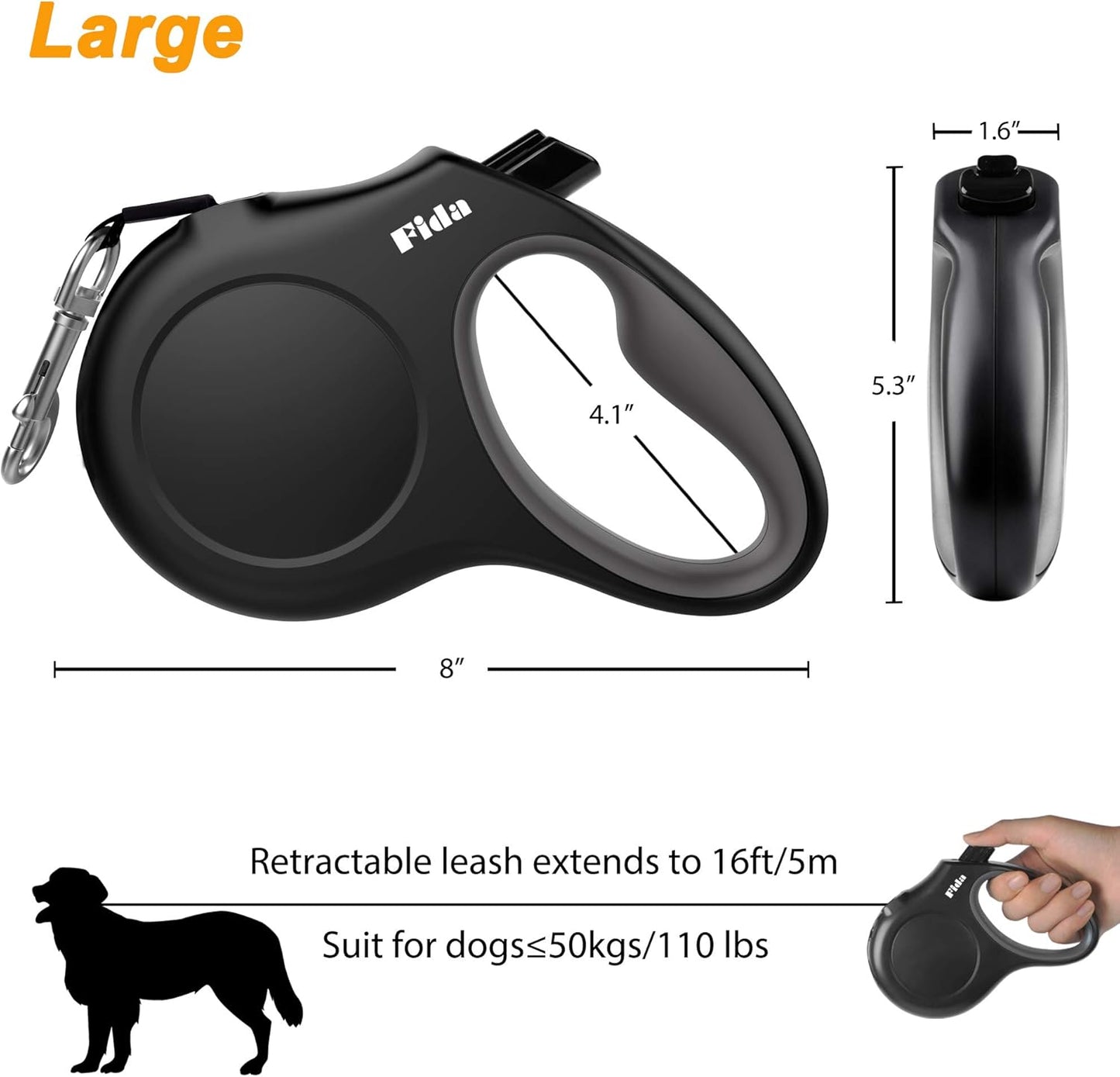 Fida Retractable Dog Leash with Dispenser and Poop Bags, 16 ft Pet Walking Leash for Large Dog up to 110 lbs, Anti-Slip Handle, Tangle-Free, Reflective Nylon Tape (L, Black)