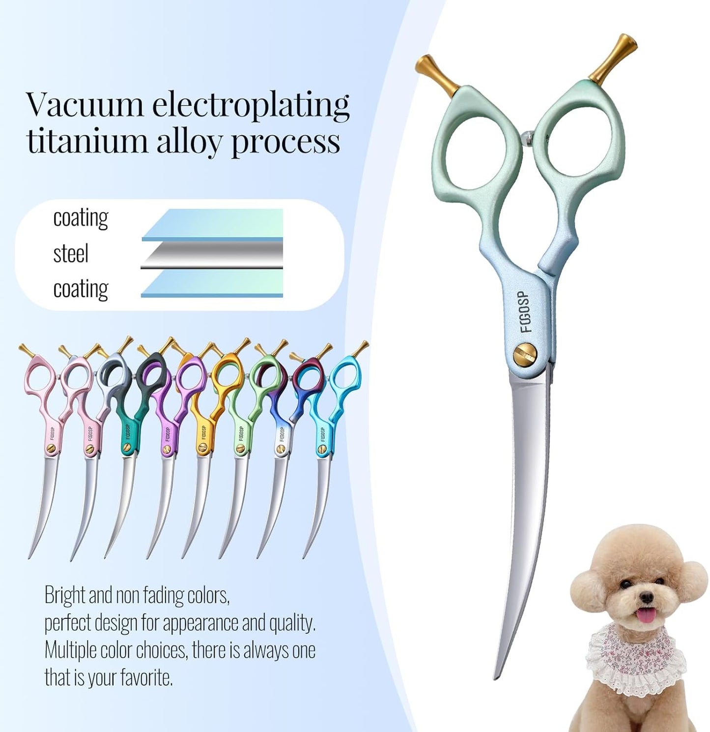 Professional Curved Dog Grooming Scissors with Sharper Self Grinding lightweight and finely trimmed split structure 6.5'' Japan VG10 63HRC for small dogs cat pet(Blue&Green)