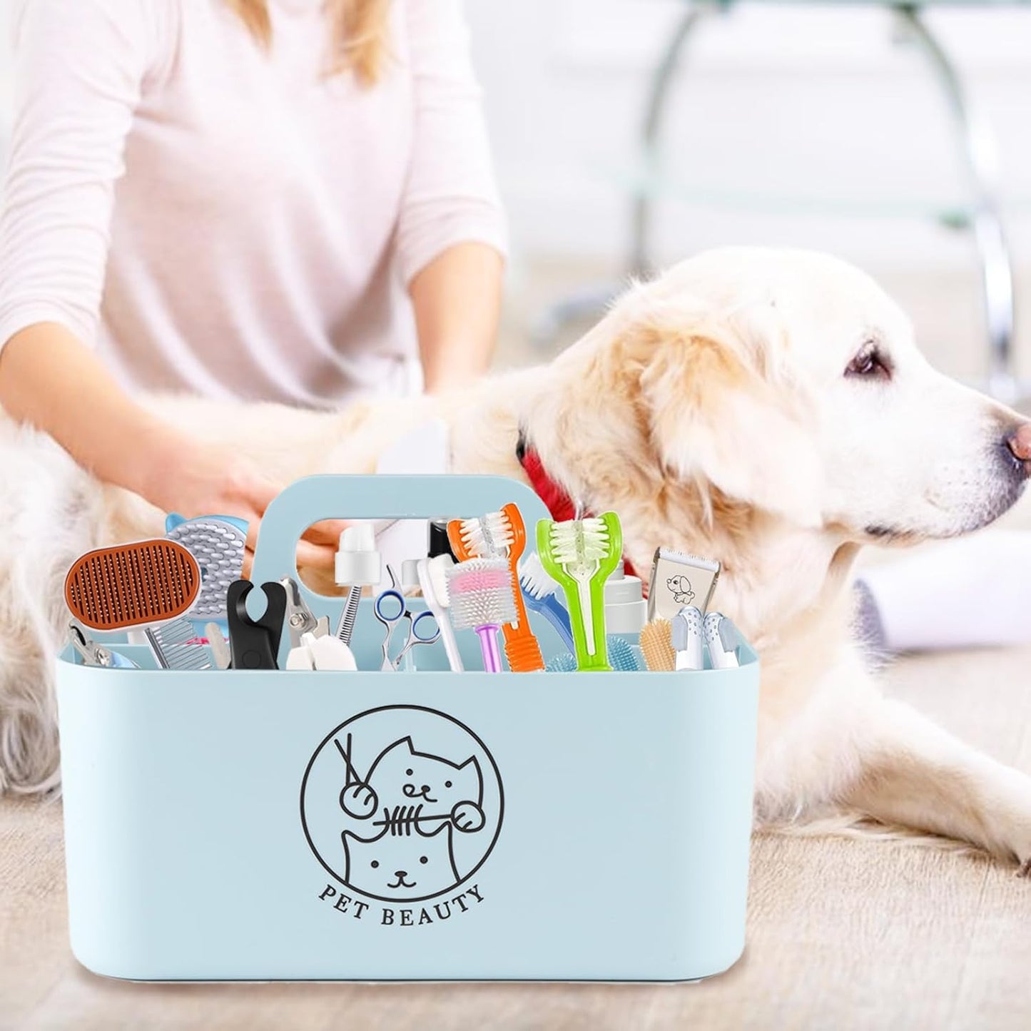 Dog Storage Organizer for Grooming Supplies,Portable Caddy Organizer for Pet Stuff,Divided Storage Bin for Dog Cat Grooming Kit,Dog Stuff Organizer with Handle for Shampoo,Clipper,Comb-Blue
