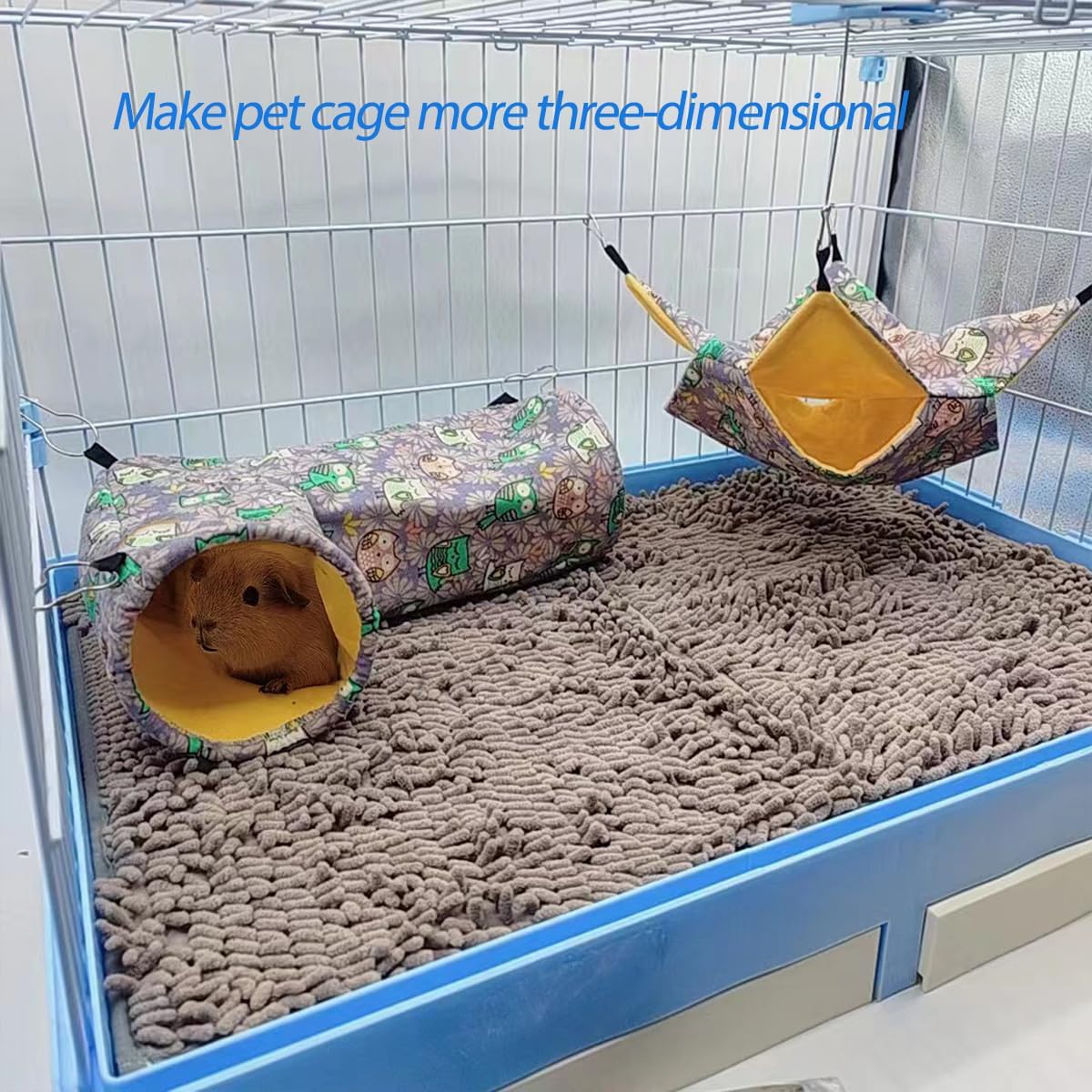 Guinea Pig Rat Ferret Hammock & Corner Tunnel for Small Animals - Hedgehog, Piggy, Chinchilla Hideout and Cage Accessories (Owl Design)