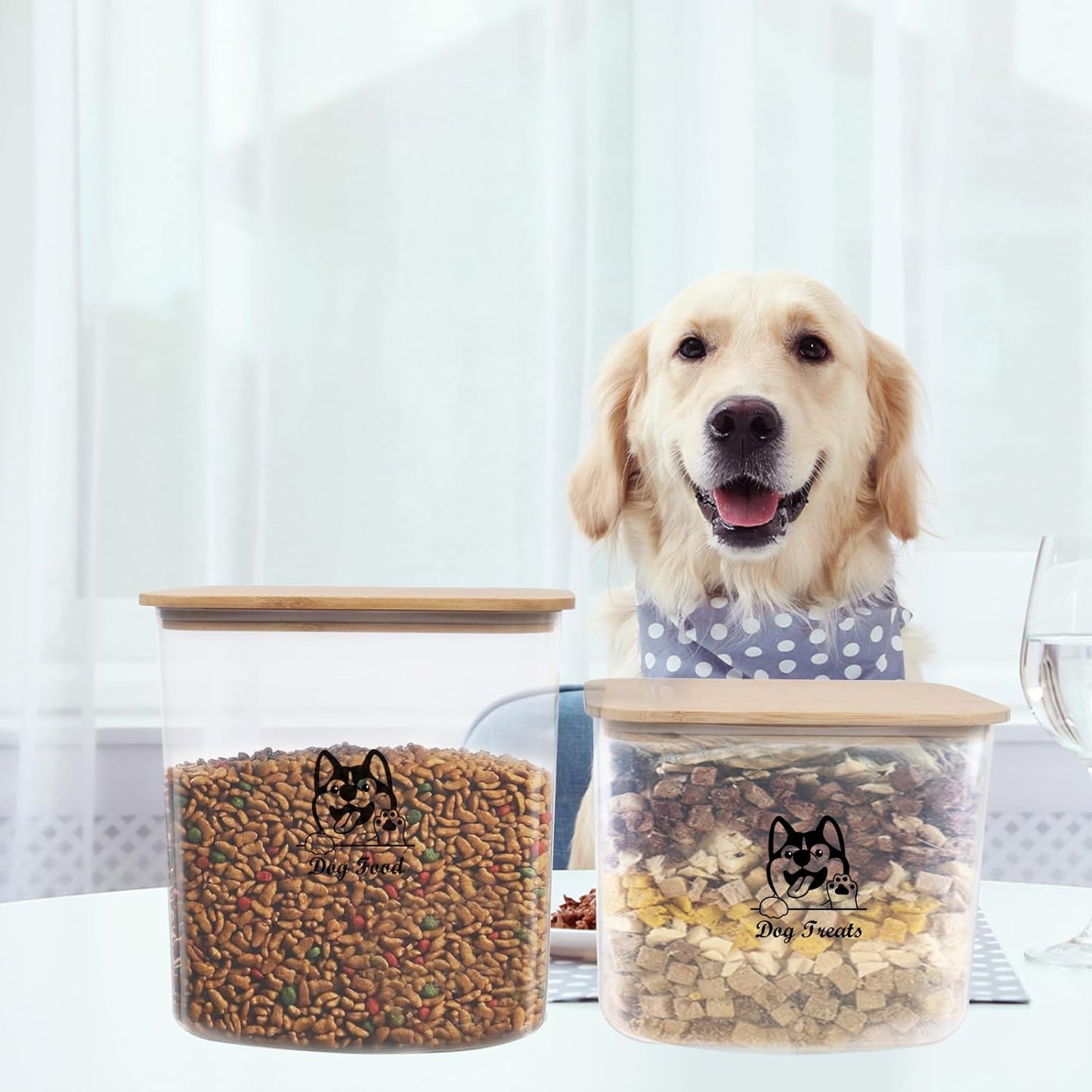 Pet Food Storage Containers, 2Pack Airtight Plastic Dog Cat Food Storage Container with Bamboo Lid,Dog Treat Container Jars Set,Treats Canister for Kitchen or Countertop,BPA Free, Clear