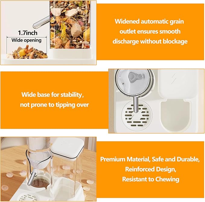 2-in-1 Hamster Water Bottle & Enhanced Food Dispenser - 35% Larger Food Capacity, Leak-Proof Design for Glass Tanks/Wire Cages Small Animal Accessories (White, 4.9IN+5.1IN+5.7)