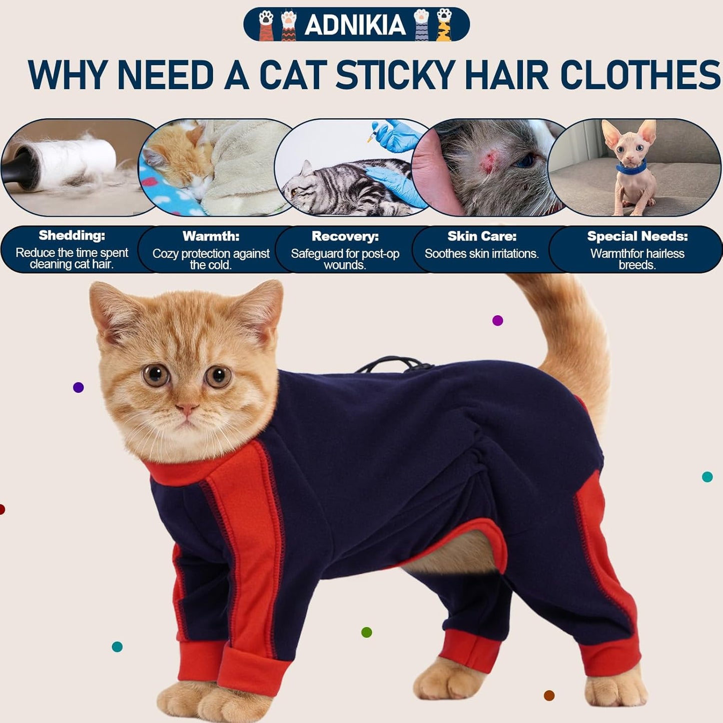 Cat Pajamas for Cats Only, Sticky Hair Cat Clothes, Long Sleeve Sphynx Clothes, Anti-Licking or Skin Disease Recovery Suit for Female Cats, Kitten Onesie Pajamas, DarkBlue, M