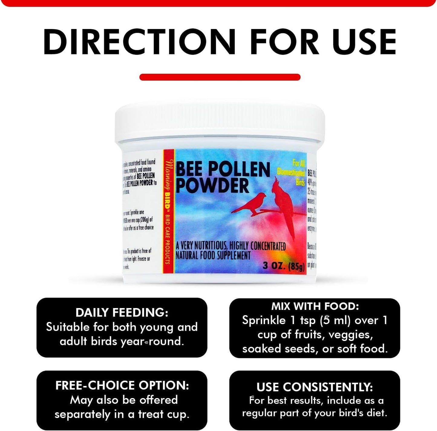 Morning Bird Bee Pollen Powder for Birds 3 Oz – Complete Nutrition with Protein, Amino Acids & Immune Support – Bird Vitamin & Mineral Supplement for Daily Health & Wellness