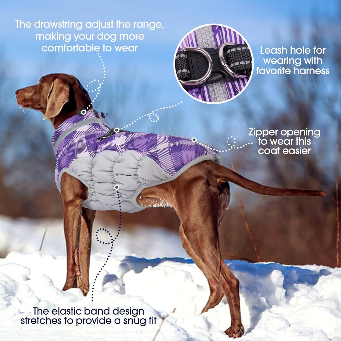 FUAMEY Dog Coat for Small Dogs,Waterproof Dog Winter Jacket with Harness Built in Puppy Cold Weather Coats Reflective Pet Vest with Zipper Warm Fleece Dogs Snowsuit Windproof Purple Plaid XS